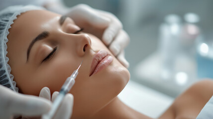 Close-up of relaxed woman receiving lip filler by gloved hands in a clean clinical setting. Ideal for beauty, aesthetic medicine, and skincare concepts with space for copy or advertising.