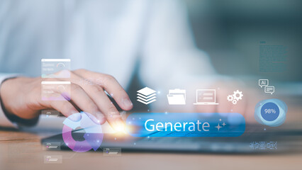 AI-powered data generation concept with a futuristic user interface showing digital charts, analytics dashboard, smart technology, and content automation for business performance enhancement.