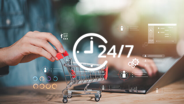 24-7 AI-powered e-commerce concept showing digital shopping cart, customer analytics, online automation, and smart chatbot integration to enhance modern retail and online shopping experience.