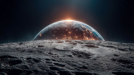 View of Earth rising above the lunar surface at dawn from the Moon's surface