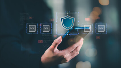 Mobile data protection concept with digital shield icon, secure information storage, and cybersecurity defense system for preventing hacking, breaches, and online threats ,encryption technology.