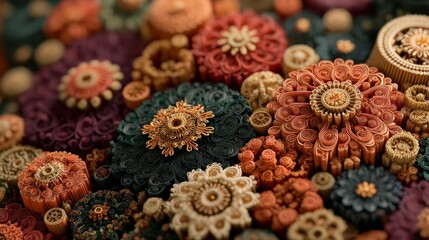 Intricate, meticulously crafted paper flowers fill a complex design of swirling, layered forms in warm earth tones.