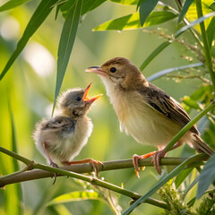 baby zitting cisticola bird waiting for food from