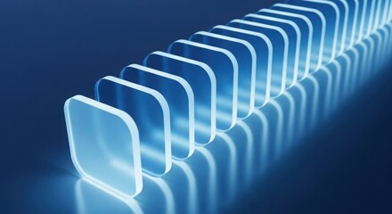 A row of translucent blue dominoes standing upright against a dark blue gradient background surface © Elite LOGO