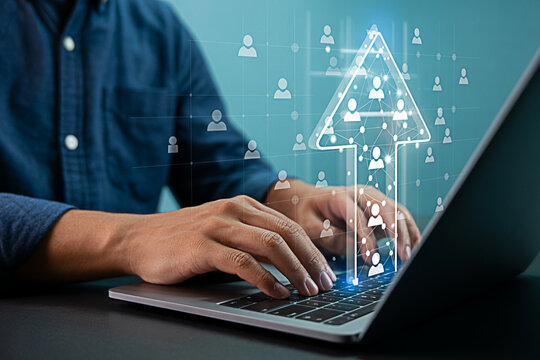 Business growth strategy online marketing and digital transformation success with laptop user hands typing