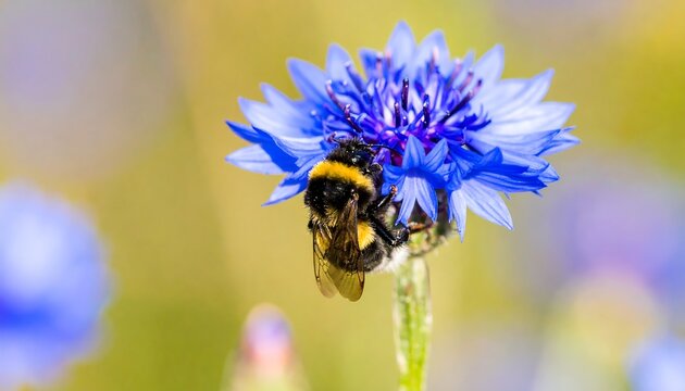 Close-up of a bumblebee pollinating a vibrant blue flower