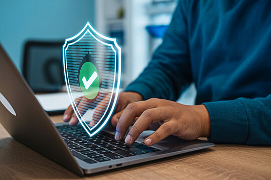 Cyber security data protection and privacy concept with laptop and shield for online safety 100