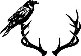 Black Raven on Antlers with Crescent Moon Vector Outline
