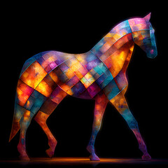 Obraz premium An ethereal horse figure shimmering in vibrant, mirrored colors against a dark backdrop, evoking wonder and inspiration.