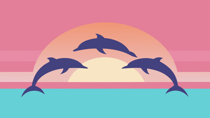 Three Silhouettes of Dolphins Leaping Out of the Water Against a Pastel Sunset Sky jumping ocean transparency background