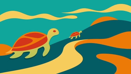 Two Stylized Turtles on Abstract Landscape with Winding Path tortoise sea turtle transparency background