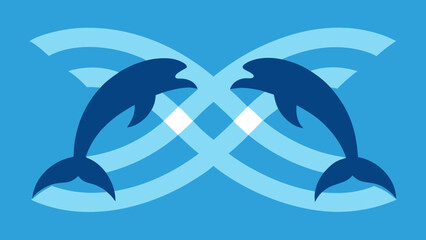 Fototapeta premium Two Silhouetted Dolphins Jumping with Interlocking Blue Waves leaping dark blue transparency background