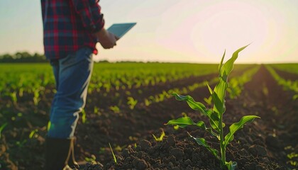 Farmer with tablet in cornfield at sunset