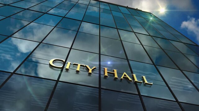 City hall glass building looping time lapse concept. Local government symbol on facade 3d seamless loopable.