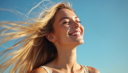 Naklejka premium Blonde woman smiling with eyes closed, enjoying sunny weather. Her long hair blows in the wind against a clear blue sky. The image conveys a sense of freedom, happiness, and natural beauty.