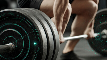 A man is lifting a barbell with a green circle on it