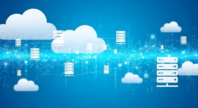 Abstract visualization of cloud computing technology with server racks and a global data network for information storage and transfer. - Powered by Adobe