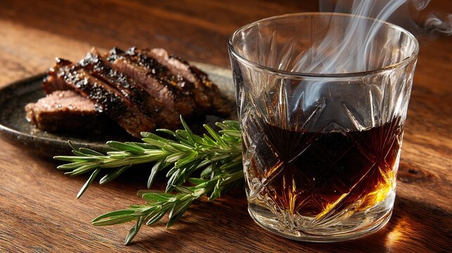  Steak, glass of wine & rosemary sprig on wooden table