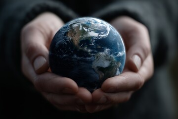 Mans hands cupping a small, glowing Earth globe. Concept of environmental protection and world care on Earth day or any day.