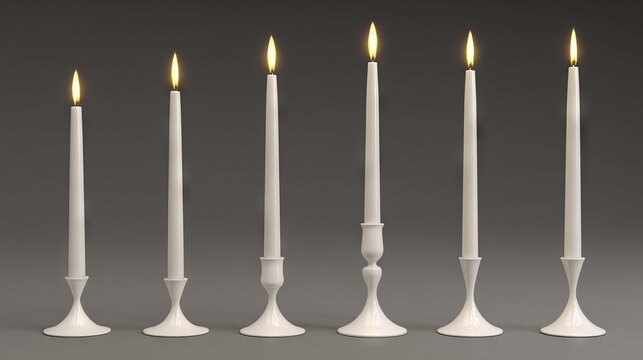 Elegant white candles with flickering flames arranged in a line, showcasing various heights and styles, creating a warm and inviting atmosphere for any setting
