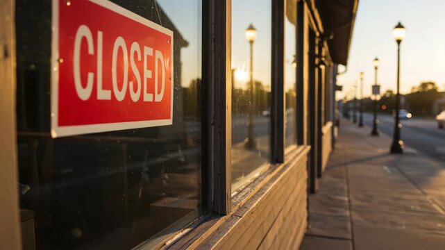 Closed sign hanging in shop window during sunset on quiet street  