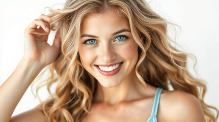 Obraz premium A close-up portrait of a cheerful, smiling young woman with beautiful blonde hair and natural makeup