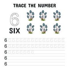 Fun number tracing worksheet for preschoolers featuring the number 6 with clusters of blue mushrooms. Ideal for early math and autumn-themed learning activities.