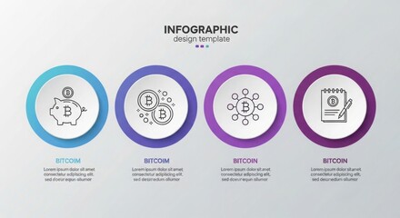 Infographic design template showing bitcoin concepts in blue and purple circles