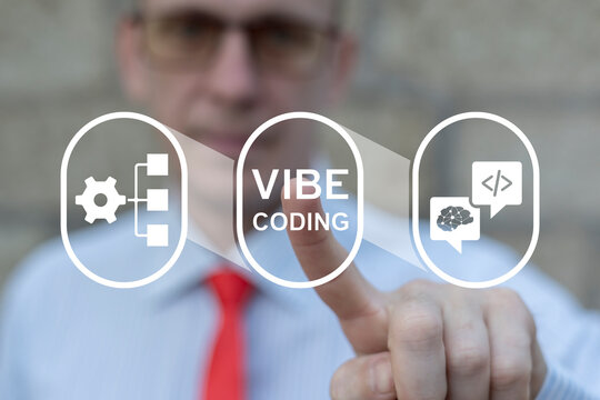 Developer using virtual touch screen presses inscription: VIBE CODING. Vibe coding artificial intelligence programming futuristic information technology concept.
