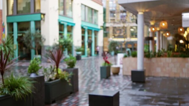 Outdoor street view in london with blurred shops and plants, capturing the essence of an autumn day in the uk with bokeh and vibrant colors.
