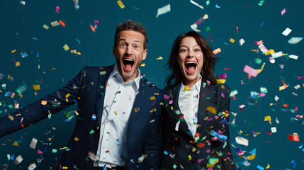 young man and woman shouting happy standing in a confetti rain