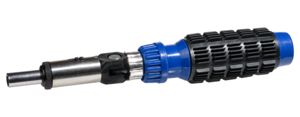 Universal ratchet screwdriver with blue rubberized handle and metal base. Isolated background