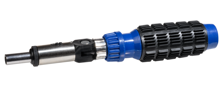 Universal ratchet screwdriver with blue rubberized handle and metal base. Isolated background