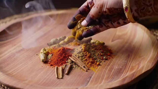 Handful of Spices on Wooden Tray