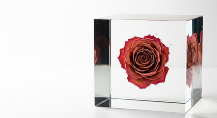 A red rose inside a transparent glass cube. Space for text.