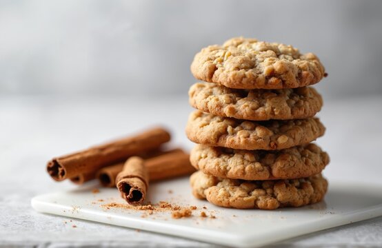 Stack of five oatmeal cinnamon cookies presented on white glass board. Cinnamon sticks and powder nearby enhance visual appeal. These cookies represent a wholesome, tasty dessert or breakfast option.