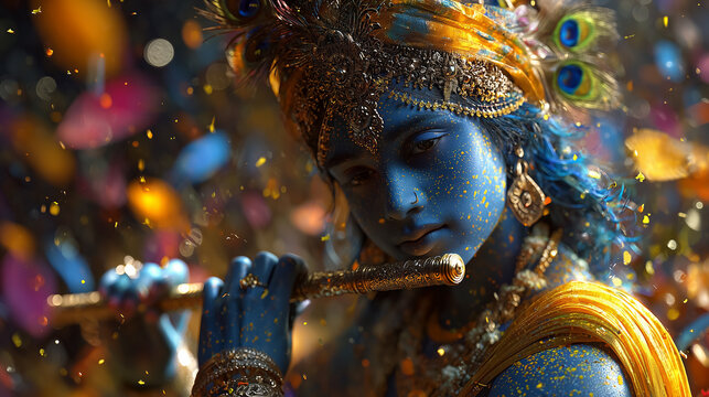 Lord krishna playing bansuri during holi festival celebration