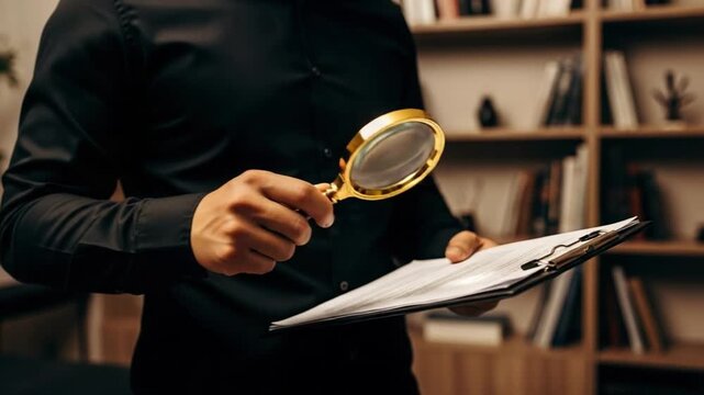 Person in black shirt examines documents with a magnifying glass in front of a bookshelf indoors