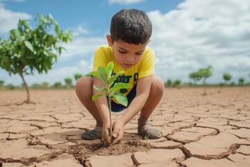 Young boy planting small green tree in cracked dry soil under blue sky, symbolizing hope, climate action and environmental awareness