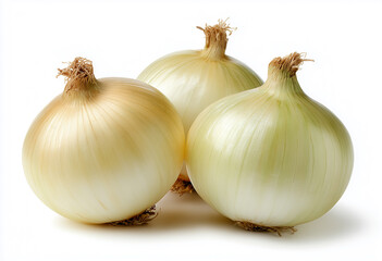 Fototapeta premium Three fresh onions resting on a white background