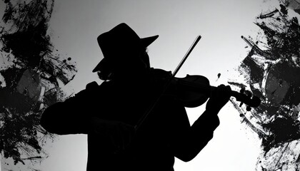 Photo of a man’s silhouette in a hat playing the violin. An effect of fragmentation on both sides with dark paints, creating an abstract artistic appearance.