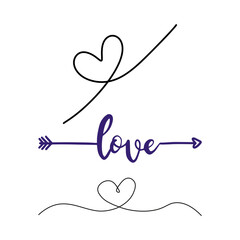 Hand drawn heart and love word with arrow design elements