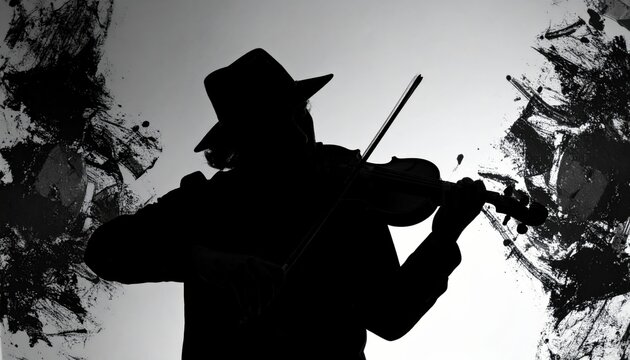 Photo of a man’s silhouette in a hat playing the violin. An effect of fragmentation on both sides with dark paints, creating an abstract artistic appearance.