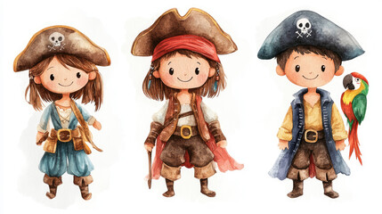 Cute Pirate Characters in Watercolor Style for Children's Book
