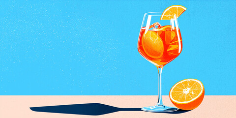 Refreshing spritz cocktail with orange slice on vibrant blue background