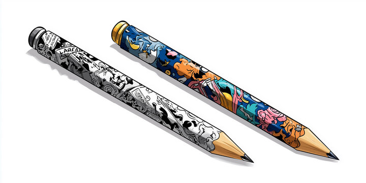 Two cartoon-decorated pencils showing creativity and imagination