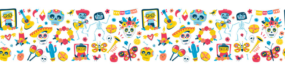 Colorful Dia de los Muertos Seamless Pattern, Sugar Skulls, Skeletons, Flowers