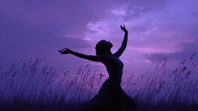 woman power and balance concept - silhouette of a woman dancing against purple night sky
