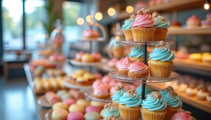 Bakery shop features colorful display of delicious cupcakes, pastries. Variety of sweet desserts with pink, blue frosting, cream, sugar toppings. Hand-made baked goods offer tempting indulgence,
