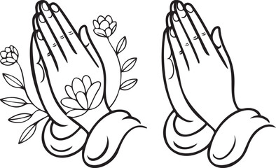 Praying hands line art illustration with flowers